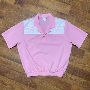 BonWorth Vintage Pink Heart Blouse Sz XL Retro Granny Diner Tennis Cute Quirky